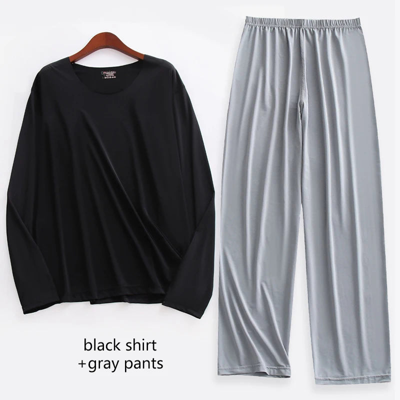 Large Size Men Ice Silk Pajamas Solid Shirt & Pants 2Pcs Pijamas Sleep Set Thin Home Clothing Sleepwear Summer Nightwear Suit